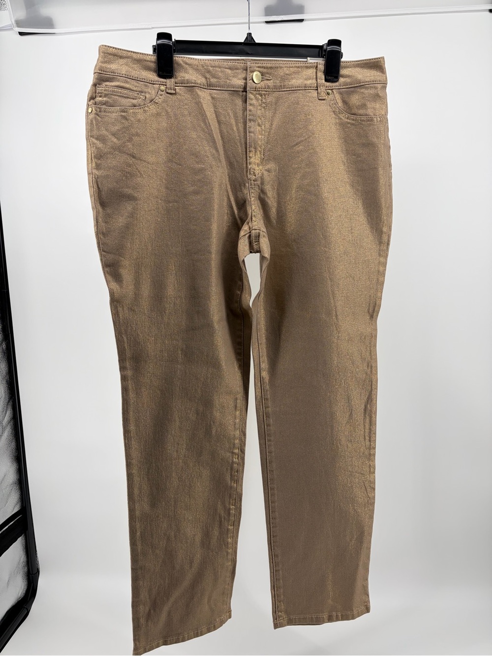 Chico's Platinum Gold Metallic Straight Leg Jeans, Shimmer, Size 2.5 (14) NWT